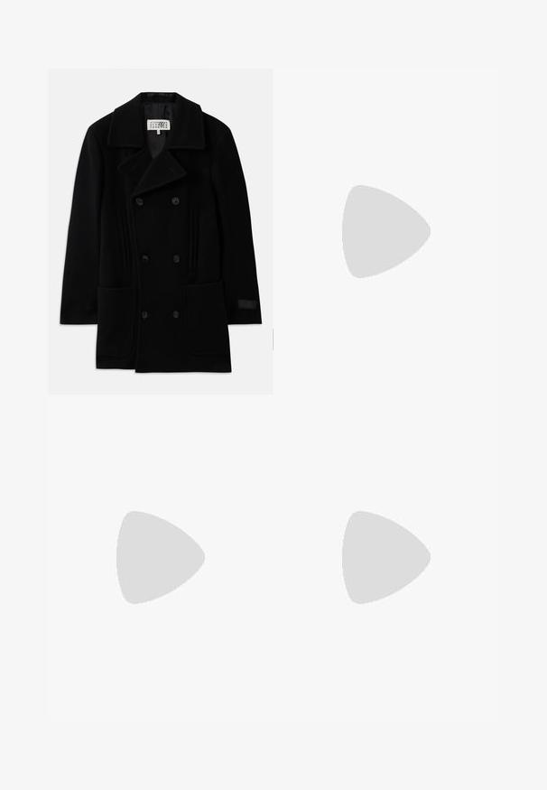 Black double-breasted coat made of wool, featuring a wide collar, two front pockets, and subtle vertical accents on the sides.; Light beige button-up shirt made of cotton, featuring a classic collar, long sleeves, and a single chest pocket. Smooth texture.; Black tailored trousers feature a smooth fabric, straight cut, and a belted waist with a rectangular buckle. Notable front creases enhance the design.; Black leather slip-on shoe with a pointed toe, smooth texture, and subtle branding on the side. Low heel with a clean, minimal design.