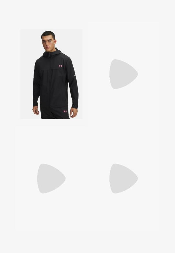 Black lightweight hooded jacket with pink logo, front zipper, two side pockets, and reflective accents on sleeves.; Navy long-sleeve cycling jersey with a front zipper, ribbed texture, and branded logo on the left chest. Simple design with a fitted cut.; Black athletic pants made from lightweight material, featuring a tapered design and an elastic waistband. Accented with a small logo on the front.; Black and gray athletic shoe with a mesh upper, reflective accents, and a white midsole. Features textured rubber outsole and laces.