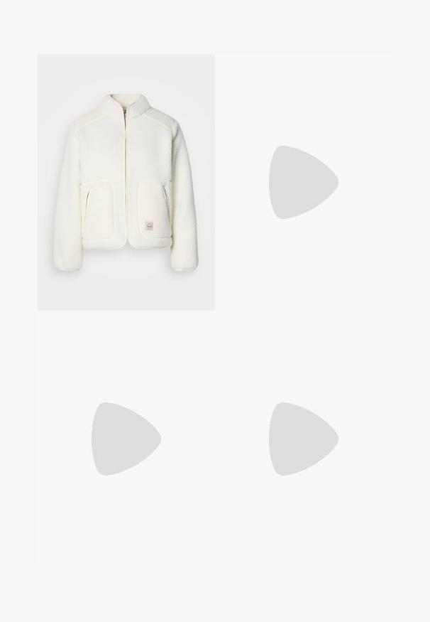 White fleece jacket with a structured collar, zip front, and two front pockets. Features soft texture and contrasting shoulder panels.; White cotton t-shirt with short sleeves, round neck, and a left chest pocket featuring a black and white logo label.; High-waisted light blue denim jeans with straight wide legs, front button, zipper closure, and front and back pockets.; Pink suede sneakers with green stripes, white accents, and a brown rubber sole. Features textured fabric and logo detailing on the side.