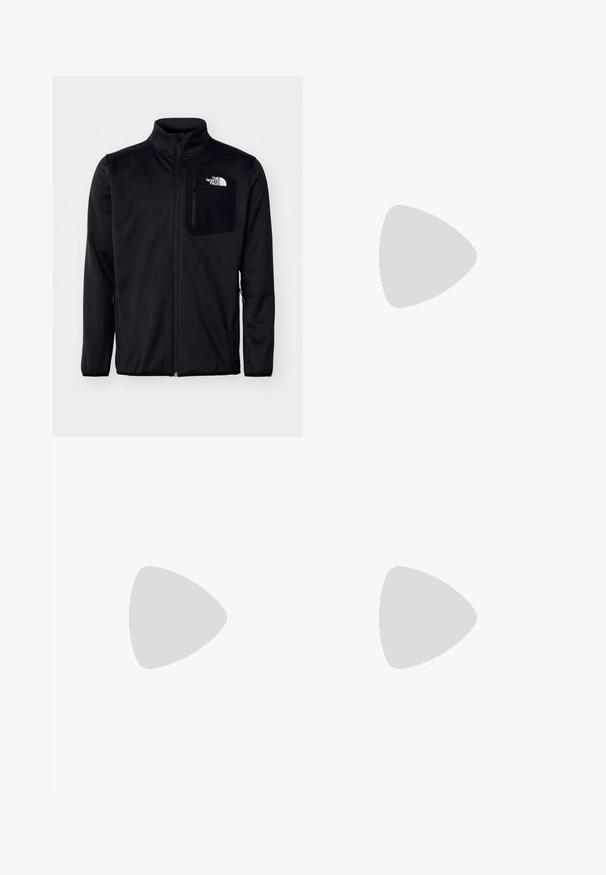 Mustan vetoketjullinen takki, jossa on korkea kaulus, tekstuuri kangas, sivutaskut ja rintatasku logolla. Sujuva pinta ja kevyt muotoilu.; The North Face M SS SIMPLE DOME TEE - Tekninen t-paita - beetroot; Mustat urheiluhousut, jotka on valmistettu kevyestä kankaasta. Housuissa on naru vyötäröllä, sivutaskut ja kapenevat hihnat nilkoissa.; Musta maastojuoksukengät, joissa on teksturoitu päällinen, kumipohja ja vahvistettu varvastoppia. Varusteena pehmustettu nilkkakappale ja vetotappi helppoa pukemista varten.