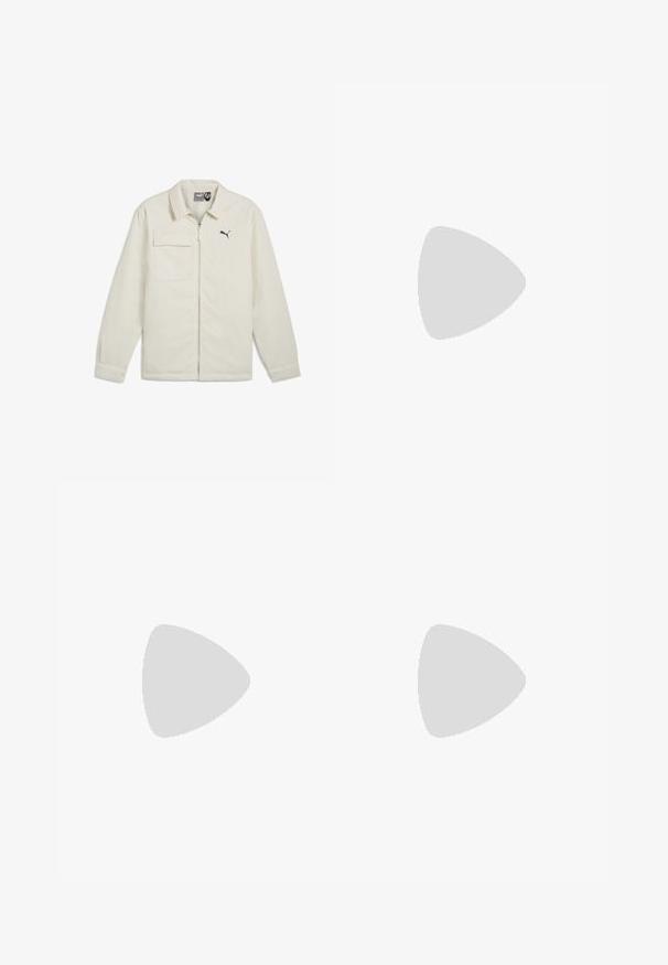 Krémová bunda se zipem v přední části, špičatým límcem a dlouhými rukávy. Obsahuje jednu náprsní kapsu a černý akcent loga na hrudi.; Černé sportovní tričko s dlouhým rukávem, vyrobené z hladké, lehké tkaniny s jemnou strukturou. Obsahuje malé logo na levé horní části hrudi.; Šedé tepláky s elastickým pasem a přiléhavými manžetami, vyrobené z měkké tkaniny, s hladkým povrchem a bez viditelných vzorů.; Černé a šedé sportovní boty s síťovinovou a semišovou svrškem, se bílou mezipodešví, šňůrkami a výrazným logem "N" na boku.