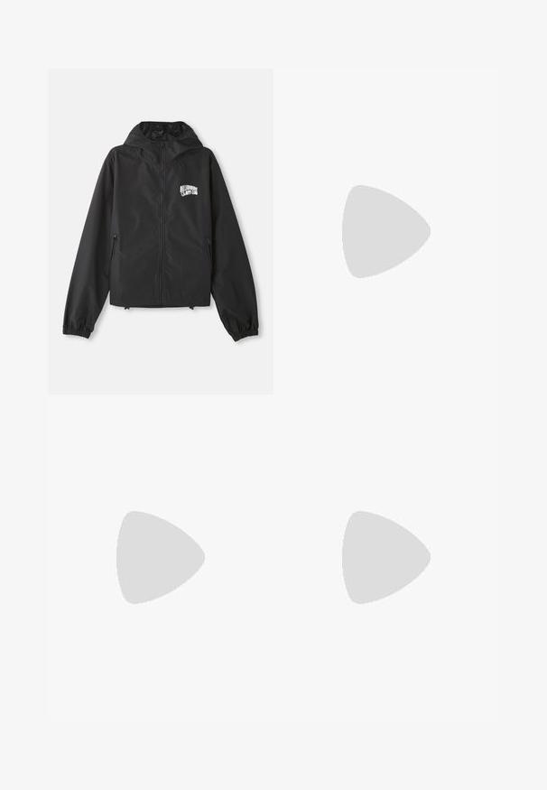 Black lightweight jacket with hood, long sleeves, front zipper, and elastic cuffs. Features white "Billionaire Boys Club" logo on chest.; Light grey short-sleeve T-shirt with small white "Billionaire Boys Club" logo on the left chest.; White shorts with black accents and red piping, featuring multiple black signatures. Includes a botter Antwerp logo on the left side.; Beige sneakers made of suede and mesh, featuring perforated accents, flat laces, and a thick sole. Worn with green corduroy pants.