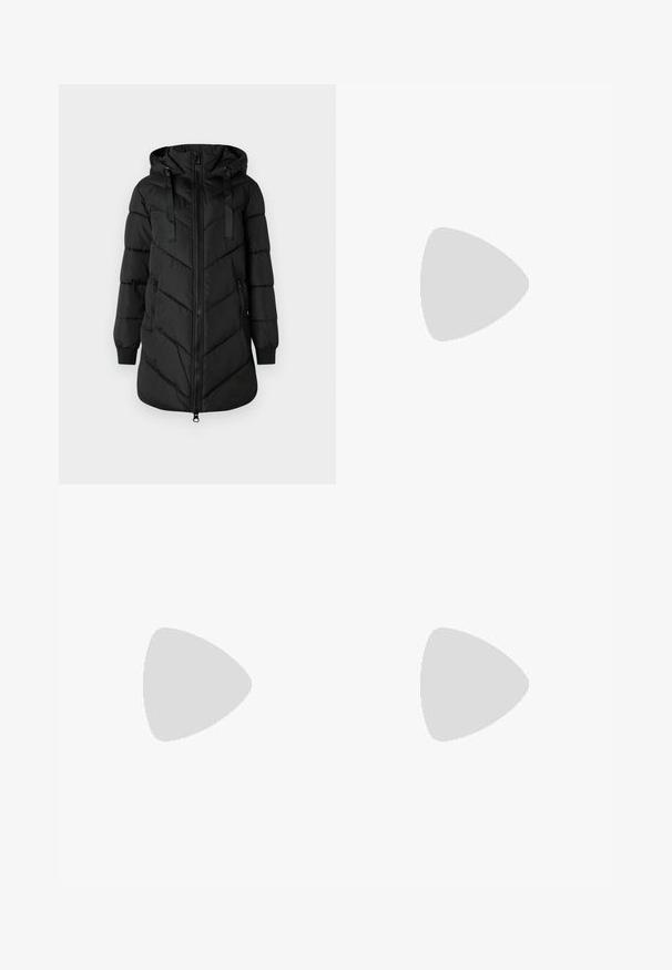 Black puffer jacket with a hood, zip closure, and chevron pattern. Features include elastic cuffs and two side pockets.; White ribbed tank top featuring a round neckline, sleeveless design, and a cropped length. Label reads "JJXX." Smooth fabric texture.; Black wide-leg trousers made of smooth fabric feature a high waistband with a tied detail. They have a flowy, relaxed silhouette.; Even&Odd Trainers - white/black