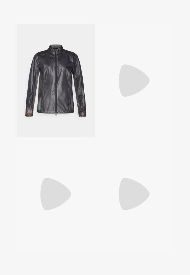 Black lightweight jacket with a full front zipper, stand collar, and long sleeves. Features a glossy finish and subtle texture.; Sleeveless polo in white and blue geometric pattern, featuring a collared neck and a slight stretch fabric for comfort and ease of movement.; Black tailored pants with a flat front, two side pockets, and a zipper fly. Made from smooth fabric with a slim fit and straight legs.; White athletic shoes with a textured mesh upper, silver accents, and a lightweight sole featuring small traction studs, labeled "ULTRA FLIGHT."