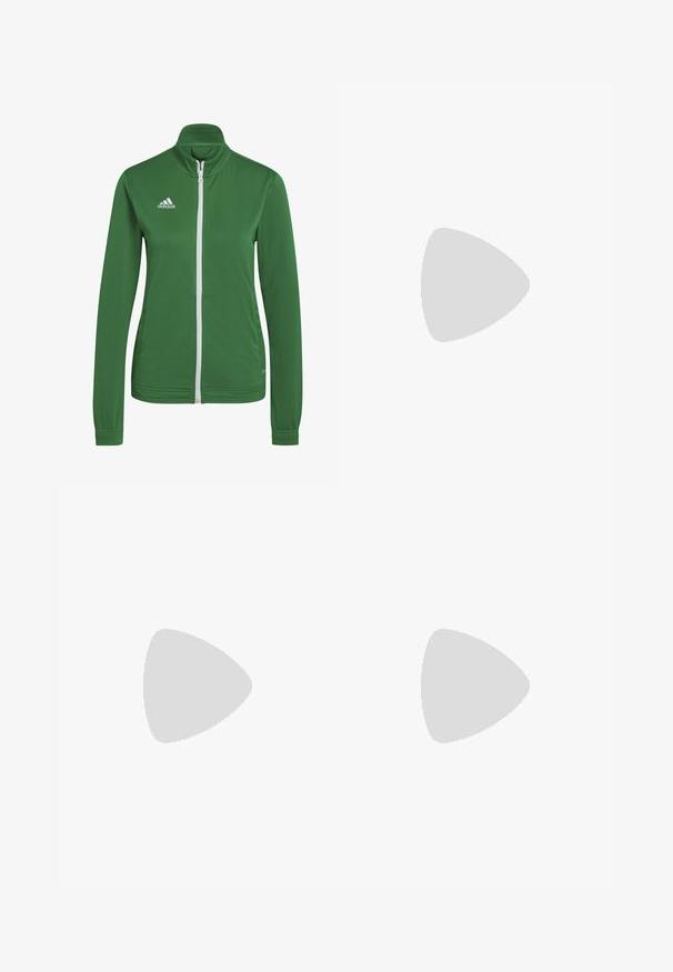 Grüne Sportjacke mit Stehkragen, vollem weißen Reißverschluss und Adidas-Logo auf der linken Brust. Aus glattem, leichtem Stoff gefertigt.; Orange athletisches Crop-Top aus glattem, dehnbarem Material. Verfügt über ein Racerback-Design und ein weißes Logo auf der Vorderseite.; Weiße sportliche Shorts mit einem geschichteten Design, elastischem Bund, grünen Akzenten und einem kleinen grünen Logo auf der unteren linken Seite.; Weißer Sportschuh mit Mesh-Obermaterial, limettengrünen Akzenten und schwarzer Sohle. Verfügt über ein Drei-Streifen-Design an der Seite und einen gepolsterten Kragen.