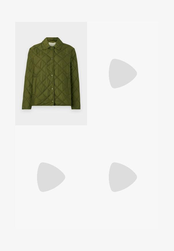 Quilted olive green jacket made of lightweight fabric, featuring a rounded collar and snap button closure with a diamond pattern design.; Pink cotton t-shirt with a round neckline, short sleeves, and a relaxed fit. Smooth texture with a uniform color throughout.; Light blue flared jeans made from denim, featuring a high waist, pockets, and frayed hems. The fabric displays a faded wash and subtle texture.; Pale pink ballet flats made of smooth material with a rounded toe, a flexible back, and a small black heel.