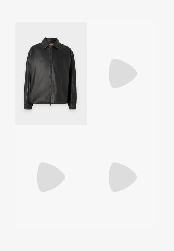 Crna kožna jakna sa prednjim zatvaračem, klasičnim okovratnikom i dugim rukavima. Ima minimalno šivanje i opušteni kroj.; Tamno siva majica kratkih rukava od pamuka. Ima okrugli izrez i mali bijeli logo na lijevoj strani prsnog područja.; Plave izblijeđene uske traperice s blagim oštećenjima i plagama, s prednjim i stražnjim džepovima te petljama za remen.; Nike atletska cipela s crno-srebrnim dizajnom. Izrađena je od sintetičkog materijala s mrežastim naglascima i potporom kroz soles s vidljivim zračnim jastučićima.