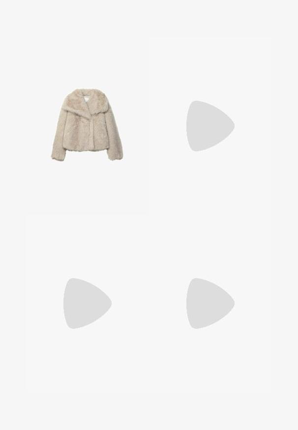 Stradivarius CROPPED  - Zimní bunda - stone; Světle modrý svetr s dlouhými rukávy a výstřihem do V, s žebrovanými manžetami a lemem. Obsahuje kontrastní tmavě modrou nit podél výstřihu a lemu.; Světle modré denimové džíny s rovnými nohavicemi, dvě přední kapsy a dvě zadní kapsy. Obsahují dvouknoflíkový zip a jemné prošívání.; Hnědé semišové tenisky s bílými akcenty a tkaničkami. Gumová podrážka. Nošeny s bílými ponožkami s černými pruhy. Zelená strukturovaná podlaha.; Sluneční brýle s kovovým zlatým rámem a tmavě zelenými skly, styl aviatorek, s úzkými obroučkami a želvovinovými akcenty na špičkách.