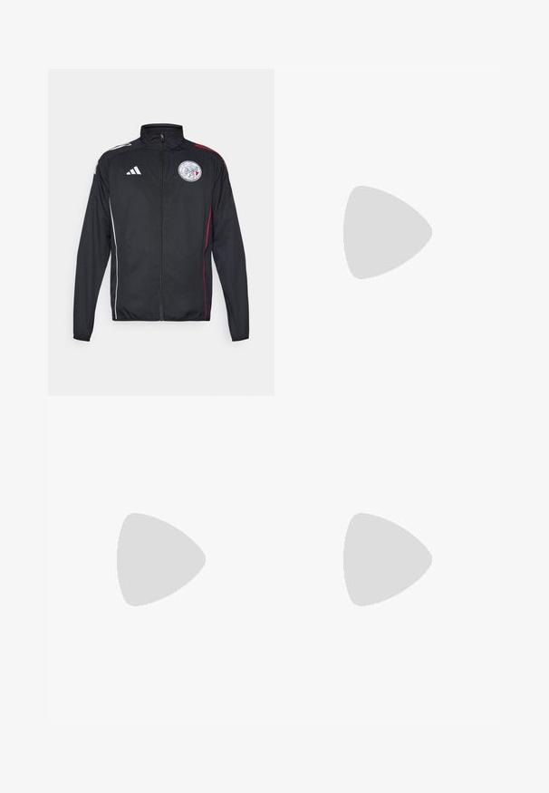 Svart treningsjakke laget av lett materiale, med hvite og røde detaljer, høy krage, hel glidelås og et rundt logo på brystet.; Svart og rød stripet kortermet jersey med rund hals, som har Adidas-logoet og Bayern München-emblemet på brystet.; Svart treningsbukser med elastisk liv, med hvite striper langs sidene og en liten logo på hoften. Glatt tekstur.; Svarte sportsko med pustende mesh-overdel, hvite detaljer og en polstret såle. Har tre striper-logo på siden.
