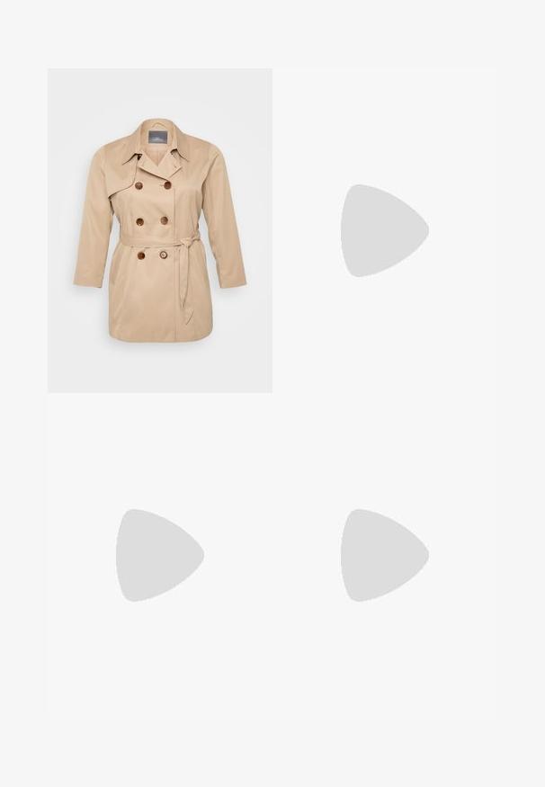 Manteau beige en trench avec un design croisé, grands parements et boutons marron. Doté d'une taille nouée et de manches longues. Texture de tissu lisse.; T-shirt en coton noir avec le texte "Rock & Roll", une guitare électrique avec des ailes et des accents floraux dans des teintes de rose et de vert.; Jeans évasés bleu foncé en denim, dotés d'une taille mi-haute, d'un design à cinq poches et d'effets de décoloration au niveau des cuisses avec des détails de couture.; Baskets montantes en toile noire avec semelles et lacets en caoutchouc blanc. Elles présentent un logo circulaire sur le côté et un contraste de coutures blanches.