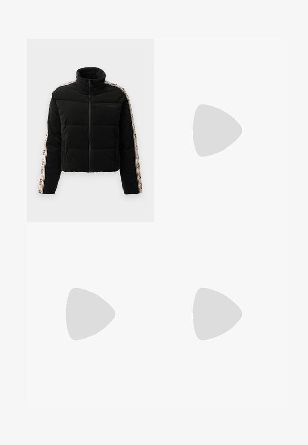 Black puffer jacket with a high collar, zip closure, and patterned sleeves featuring a beige logo accent. Horizontal quilted design.; White cropped t-shirt made of smooth cotton, featuring a high neckline and short sleeves. Small embroidered logo in the bottom corner.; Light blue wide-leg jeans made of denim, featuring a high waist, front pockets, and subtle fading throughout the fabric.; Black leather ankle boot with double buckle accents, zip closure, chunky sole, and smooth texture. Features a rugged, stylish design.