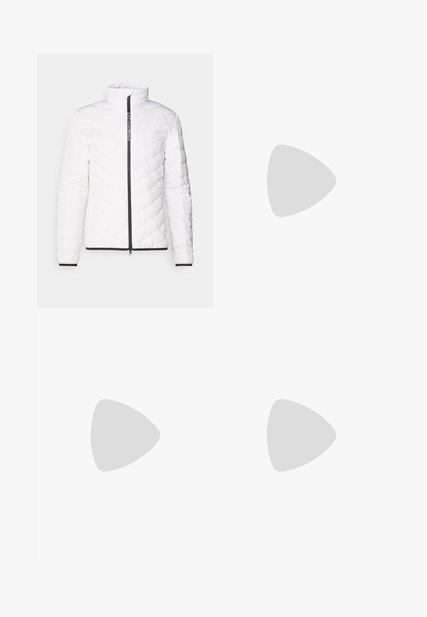 White puffer jacket featuring a high collar, diagonal quilted pattern, black zipper, and black trim along the cuffs and hem.; White short-sleeve t-shirt with black accent stripes on the shoulders. Features a small black logo on the chest. Made of soft, smooth fabric.; Black sweatpants with an elastic waistband, tapered legs, and side pockets. Features a bold graphic detail along the left side.; White sneakers with black laces and mesh detailing. Features a smooth leather upper and a textured rubber sole. Paired with wide-leg grey jeans.