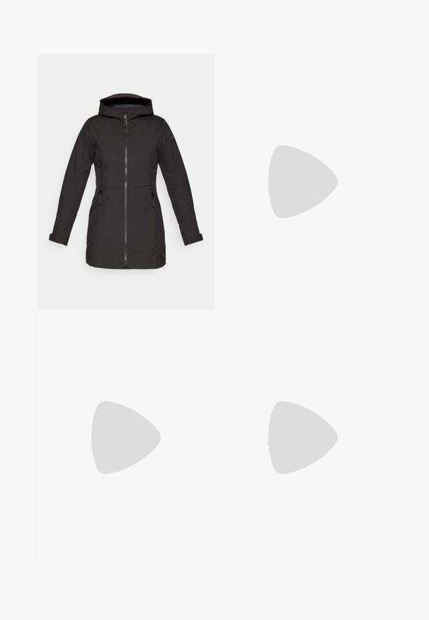Icepeak ALAMOSA - Softshell jakker - basic black; Hvid langærmet skjorte lavet af tekstureret stof med en beige lomme i patch-format, der har en snor og logo.; Hvite skibukser med lige ben, der har sorte lynlåslommer og knaplukning i taljen. Glat, holdbart stof.; CMP HARMA SNOW WP - Vinterstøvler - schwarz