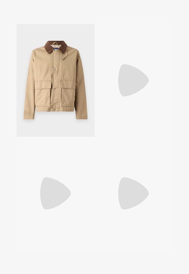 Tan jacket with a brown corduroy collar, snap closure, and two large front pockets. Made of durable fabric with a smooth texture.; White cotton t-shirt with short sleeves, round neck, and a small black logo on the left chest. Soft texture and standard fit.; White cotton cargo pants with a relaxed fit. Features include front pockets, gold hardware accents, and reinforced knee sections.; Light cream sneaker with black three-stripe design, textured upper, round toe, and gum sole. Features laces and branding on side.