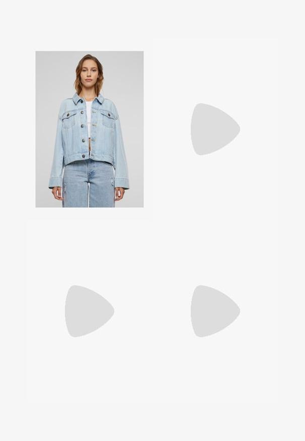 Vaaleansininen farkkutakki, jossa on lyhennetty muotoilu, klassinen kaulus, etutaskut ja nappikiinnitys. Ominaisuuksiin kuuluvat näkyvät ompeleet ja rento istuvuus.; Denimli yelek, V yakalı, kolsuz tasarım ve ön bağlama kapanışıyla. Kontrast dikişlere ve yumuşak, dokulu bir kumaşa sahiptir.; Musta satiininen A-linjainen hame, sileä tekstuuri, polven pituinen, yksinkertainen ja siisti muotoilu ilman koristeita tai kuvioita.; Korkean varren ruskea nahkakenkä, jossa on tekstuuripinta, sivuilla solki- ja napin yksityiskohtia, sekä tasainen kumipohja.; Musta muovinen silmälasi, jossa on soikea muoto, läpinäkyvät linssit ja yksi violetti korostus vasemmassa linssissä. Tyylikäs, minimalistinen muotoilu.; Ruskea mokkanahkainen käsilaukku, jossa on pitkät fringer yksityiskohdat, kaareva muoto ja yksi olkahihna. Pinta on sileä ja teksturoitu.