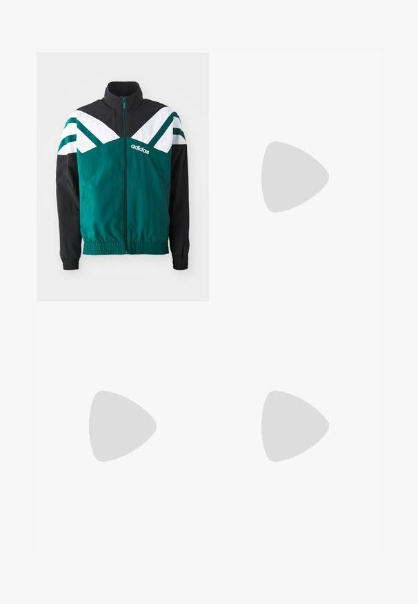Teal and black zip-up jacket with white accents, featuring a stand-up collar, elastic cuffs, and a logo on the left side.; adidas Originals GRAPHIC - Print T-shirt - night indigo; Beige cotton trousers with a straight-leg design, featuring a front button closure, belt loops, and two side pockets. Smooth texture.; Green quilted sneakers with white stripes and brown rubber soles, paired with beige pants. The design features a low profile and textured material.