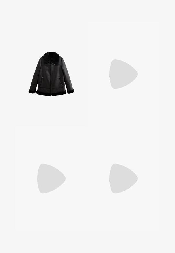Zwarte leren jas met een zachte bontkraag en -manchetten, voorzien van een ritssluiting aan de voorkant en twee zijzakken, met een gladde textuur en stikseldetails.; Zwarte turtleneck met lange mouwen, gemaakt van ribbelstof, heeft een aansluitend ontwerp met een hoge hals en geen patronen of accenten.; Zwarte denim wijdlopende broeken met hoge taille, een rafelige zoom, vijf zakken en koperen knoopaccenten. Klassieke knoop- en ritssluiting.; Zwarte leren veterschoenen tot de enkel met een robuuste zwarte zool en gele stiksels. Kenmerkend zijn de trekloop aan de achterkant en de ronde metalen oogjes.; Zwarte sjaal van een zacht, textuurstof. Heeft een rafelige rand en een rechthoekige vorm, geschikt om om de nek te draperen.