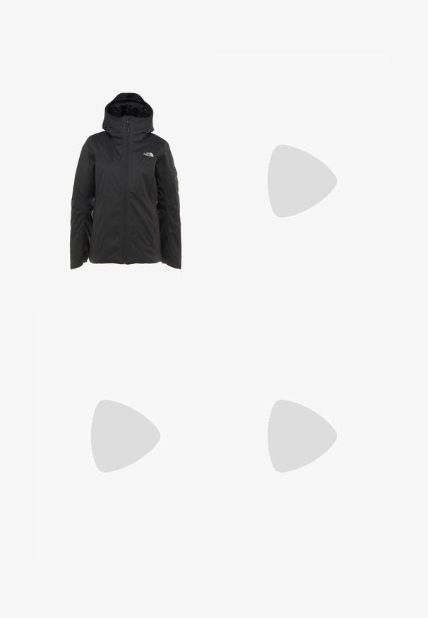 The North Face QUEST INSULATED JACKET - Lauko striukė - black; Baltas trumpas medvilninis marškinėliai su apvalia iškirpte ir trumpomis rankovėmis. Priekyje, kairėje krūtinės pusėje, yra juodas logotipas.; Juodos sportinės kelnės su elastinga juosmeniu ir rankogaliais, pagamintos iš minkštos medžiagos, su šoninėmis kišenėmis ir logotipu kairėje šlaunoje.; Juodas žygio batelis su tekstūruotu viršumi, su raištelių uždarymu ir storu guminiu padu, ant šono išryškintas logotipas ir raštiškai išpjauti modeliai.