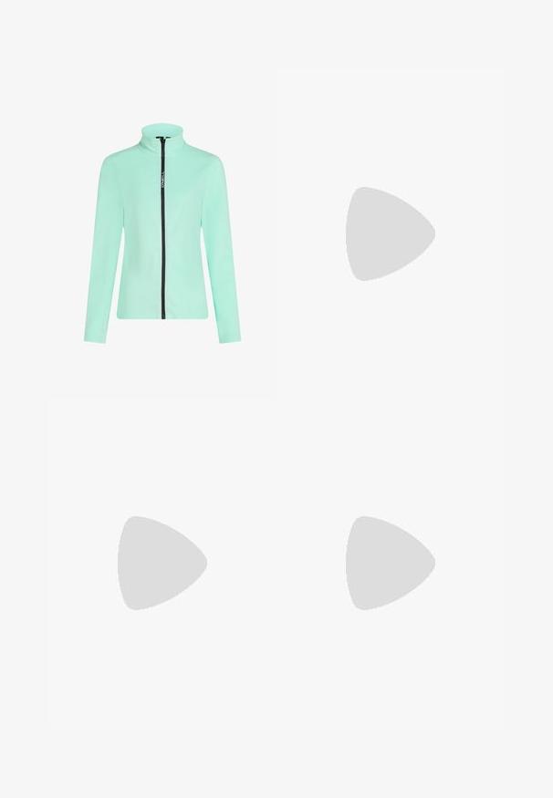 Mint green zip-up jacket with high collar, constructed from soft material. Features contrasting black zipper and side logo detail. Long sleeves.; Black short-sleeve top made of smooth fabric; features a draped neckline and an asymmetrical hemline, with a fitted body.; Black polyester culotte pants with an elastic waistband, two front pleats, and a loose silhouette. No visible patterns or hardware details.; Black patent heeled sandals with a square toe, ankle straps, and silver buckles. Features a chunky block heel for stability.