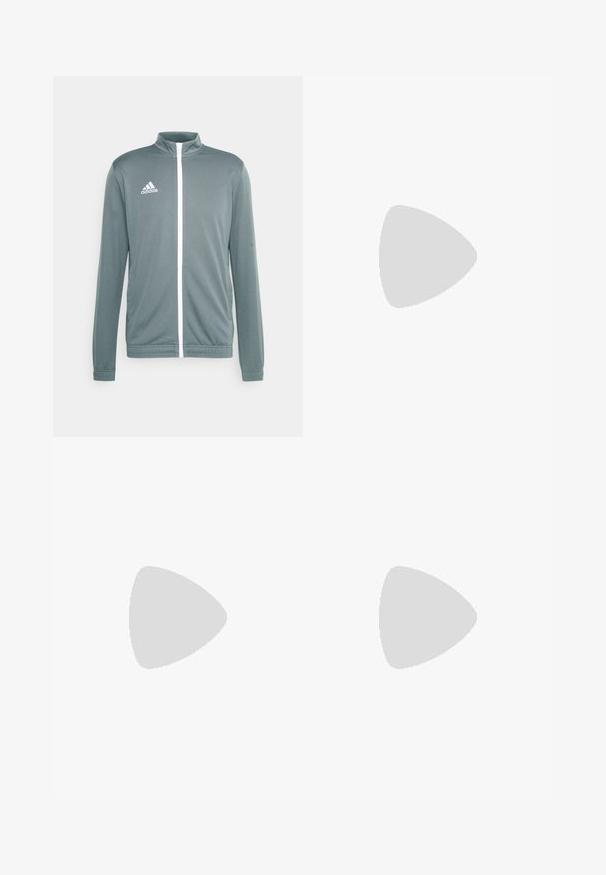 Grå atletisk jakke med høj krave, hvid lynlås og hvid Adidas-logo på øverste venstre side. Lange ærmer med elastiske cuffs.; Sort bomulds T-shirt med korte ærmer, rund hals og et hvidt logo på venstre bryst. Glat tekstur og enkelt design.; Sorte atletiske bukser med elastisk talje, snævre ben og hvide sidelæggi. Fremstillet af syntetisk materiale med en glat overflade.; Sort atletisk sko med tekstureret stofoverdel, gummisål og tre skinnende sorte striber på siden. Rund tå og polstret hæl.