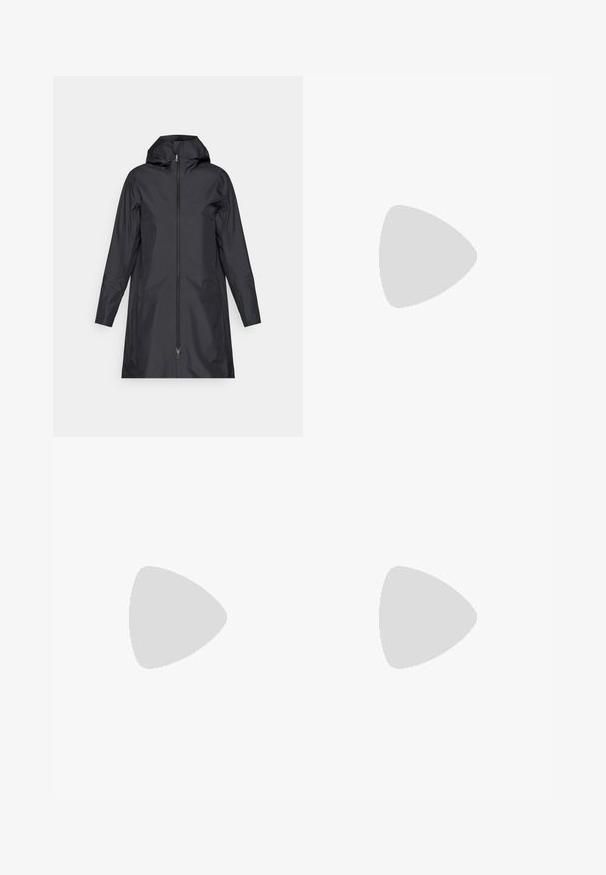 Black waterproof coat with a hood, full front zipper, long sleeves, and minimalistic design. Smooth texture, unembellished surface.; Black long-sleeve t-shirt made of cotton with a round neck. Features a small white logo on the left chest area. Simple design and fit.; Black nylon zip-off cargo trousers with adjustable cuffs, multiple pockets, and a logo on the right leg. Smooth, lightweight texture.; Beige and cream athletic shoe with textured mesh upper, supportive overlays, and rubber outsole featuring a tread pattern for traction.