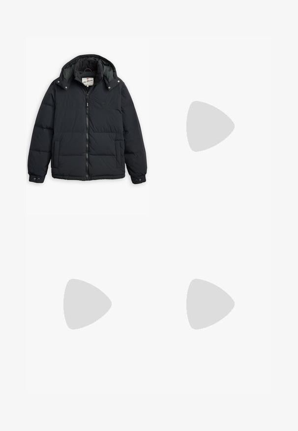 Black puffer jacket with a detachable hood, zipper front, side pockets, and elastic cuffs. Features stitched panels for insulation and warmth.; Nike black cotton t-shirt with a classic crew neck, short sleeves, and a subtle, embossed logo on the chest. Smooth texture.; Black drawstring waist casual pants with side seam pockets and straight leg cut on a plain background.; Black athletic shoes with textured fabric and rubber soles, featuring elastic laces and a blue accent on the heel. Worn with light denim pants.