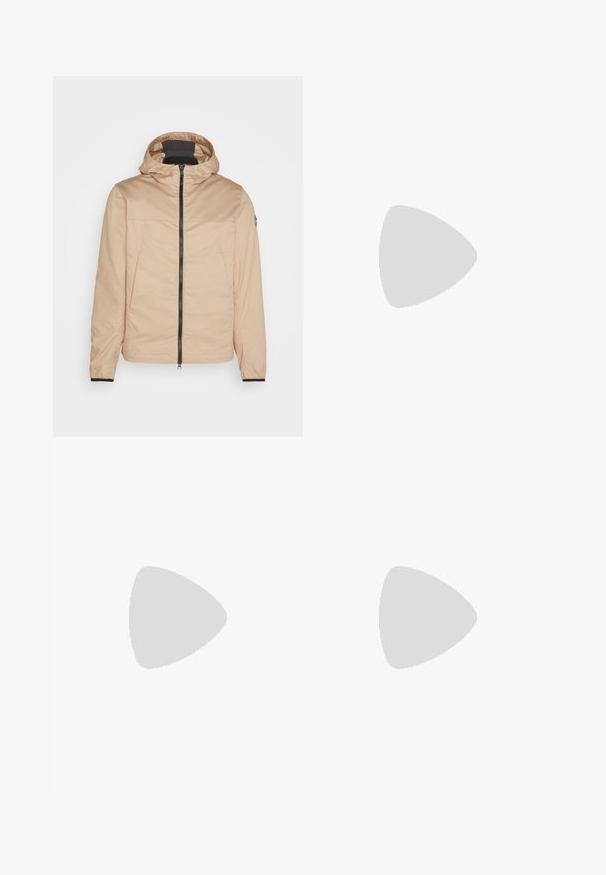 Beige hooded jacket with a front zipper, featuring a black zipper and cuffs. Smooth texture with minimalistic design and two front pockets.; Long-sleeve light gray polo shirt made of soft fabric, featuring a three-button placket and ribbed cuffs, with a classic collar design.; Black tailored trousers made of smooth fabric, featuring a flat front, button closure, and tapered legs with no visible embellishments.; Black leather lace-up shoe with a rounded toe, smooth texture, minimal stitching, and a low rubber heel. Logo on the heel.