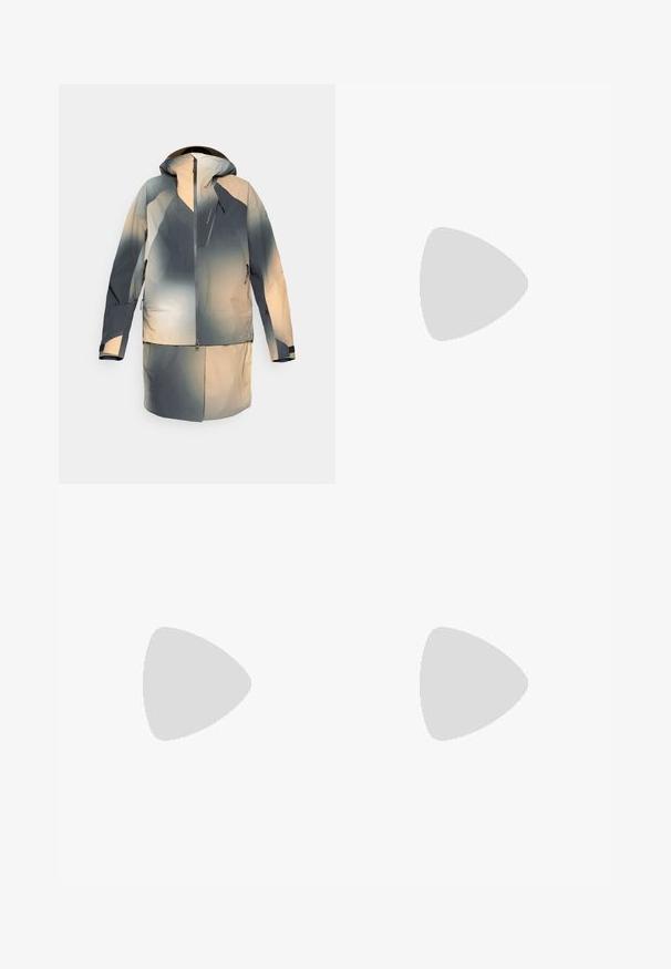 Waterproof jacket in shades of gray and beige, featuring a hood, zippered front and pockets, and a color gradient design.; Black long-sleeve t-shirt made of cotton with a round neck. Features a small white logo on the left chest area. Simple design and fit.; Black nylon zip-off cargo trousers with adjustable cuffs, multiple pockets, and a logo on the right leg. Smooth, lightweight texture.; Beige and cream athletic shoe with textured mesh upper, supportive overlays, and rubber outsole featuring a tread pattern for traction.