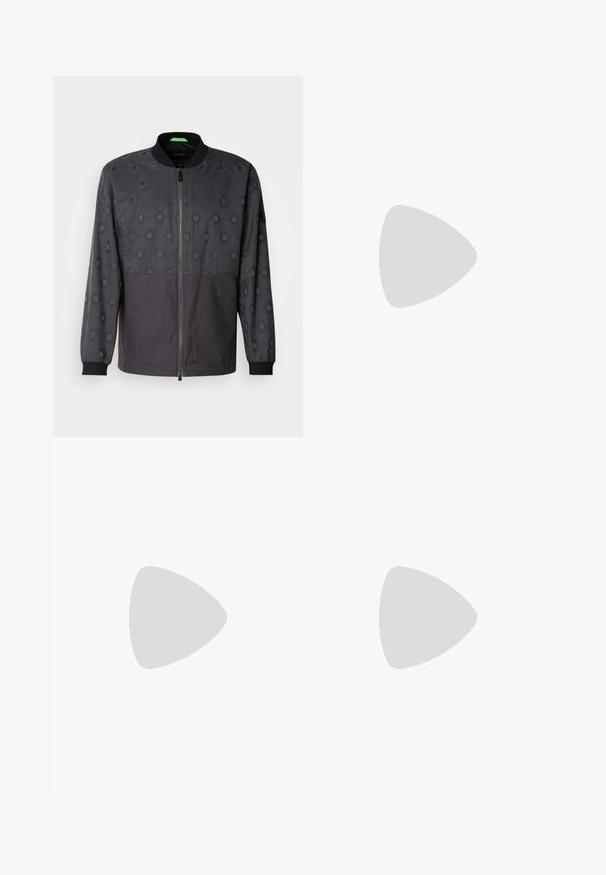 Men's jacket in dark gray featuring hexagonal patterns, a zip front, ribbed cuffs, and a smooth texture. Breathable material.; Black cotton T-shirt with a crew neck, featuring a textured black patch with logo on the left chest. Short sleeves and relaxed fit.; Black jogger pants made of smooth fabric. Feature an elastic waistband with a drawstring, tapered legs, and no visible pockets. Simple design.; Black low-top leather sneaker with black laces and off-white sole shown in side profile on white background.