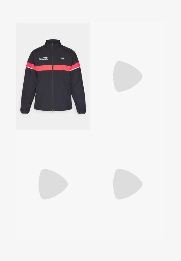 Zwarte sportjack met hoge kraag, volledige rits en rode horizontale strepen. Heeft logo afdrukken op de borst en schouder. Glad stof.; Witte korte mouwen Nike t-shirt van glad synthetisch materiaal, voorzien van een zwart logo aan de linkerkant van de borst.; Witte sportshorts gemaakt van lichtgewicht stof met een elastische tailleband, voorzien van twee zijzakken en een klein zwart logo op de zoom.; Witte sportieve schoen met een textuur mesh bovenwerk, zwarte rubberen zool en teal Nike swooshaccent. Voorzien van veters en een gewatteerde kraag.