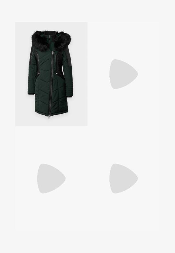 Green padded coat featuring a black faux fur hood, quilted texture, side zippers, and ribbed black accents on sleeves and shoulders.; Black t-shirt with short sleeves, featuring a shiny "Guess" logo in script and "Los Angeles" underneath, made of soft cotton material.; Black high-waisted jeans made of denim, featuring a straight cut, five-pocket design, and a front button closure.; White leather sneakers with a thick white sole, black suede heel accent, and embossed logo on the side. Laced design with six eyelets.; Black oversized sunglasses with a geometric shape, featuring dark lenses and a contrasting grey detail on the frame. Logo on the arm.; Silver hoop earrings with a smooth, shiny finish. Rounded shape, lightweight design, featuring a post-back closure.