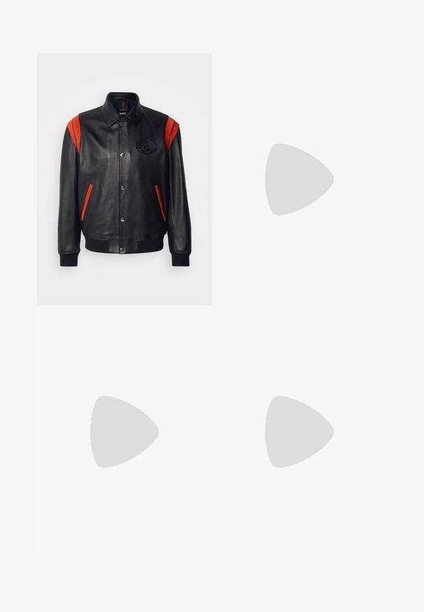 Sort læderjakke med røde accenter på skuldre og lommer, ribbede manchetter og kant, frontknaplukninger og prægede logo detaljer.; Sort bomulds t-shirt med rund halsudskæring, korte ærmer og hvid "BOSS" logo centreret på brystet. Glat tekstur, afslappet pasform.; Sorte sweatpants lavet af blødt materiale med elastisk talje, snoretræk og tapered ben. Har et lille logo på siden.; Sort sneakers med glat læderoverdel, rund tå, flade snørebånd, polstret krave og minimalistisk design. Gummisål med subtilt mønster.