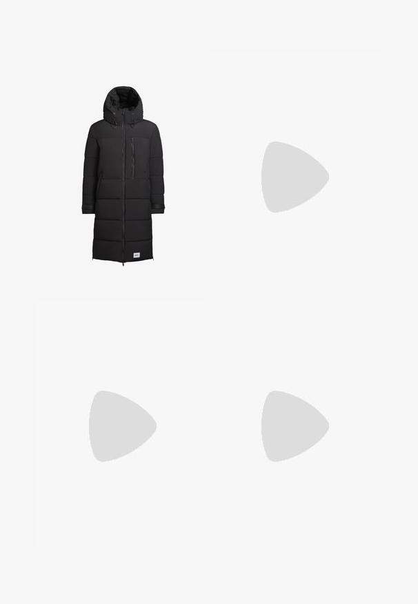 khujo SIRAM - Vinterfrakke - schwarz; Hvid bomulds t-shirt med korte ærmer, rund halsudskæring, afslappet pasform, og ingen synlige logoer eller mønstre. Glat tekstur og minimalistisk design.; Høj talje, løstsiddende jeans i falmet sort denim. Har fem lommer, bæltestropper og et rent, lige ben design.; Grå og hvid sneaker med en overdel i ruskind og læder, rund tå, flade snørebånd og en gummisål med en gummifarvet detalje.