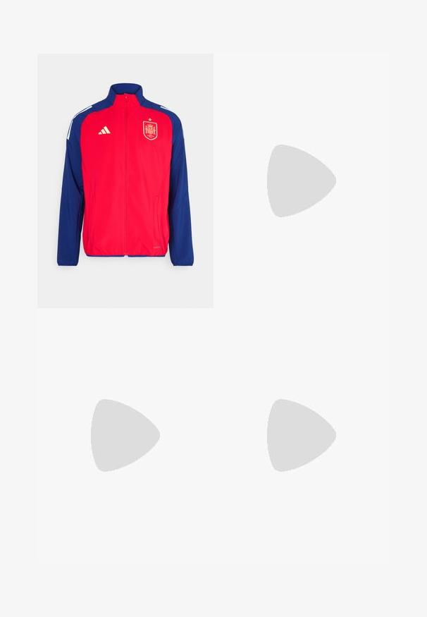 Chaqueta deportiva roja y azul con cremallera completa, cuello alto, rayas blancas en los hombros y emblema dorado de España y logo de Adidas en el frente.; Camiseta deportiva de manga larga blanca, fabricada con material suave, que presenta un logo negro de Adidas en el pecho; diseño de cuello en V y forma ajustada.; Bermudas deportivas blancas con una cintura elástica, fabricadas con un tejido suave. Presenta un logo negro de Adidas en la parte inferior izquierda.; Botas de fútbol blancas con acentos negros y suela roja. Presentan tres rayas negras en el lateral y una parte superior de textura suave.