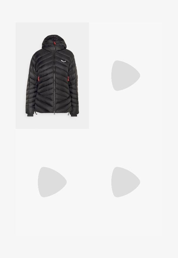 Black puffer jacket with a chevron design, hood, front zipper, adjustable cords in bright red, and logo on the chest. Soft texture.; Maroon short-sleeve t-shirt made from lightweight fabric. Features a crew neckline and a simple, smooth texture without patterns or accents.; Black athletic pants with elastic waistband, tapered legs, and a small white logo on the left thigh. Lightweight, smooth fabric.; Black Nike running shoe with breathable mesh upper, white swoosh logo, textured detailing, and a cream-colored ZoomX midsole.