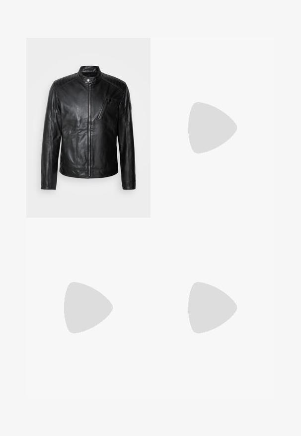 Strellson PIERS - Leather jacket - black; Black cotton t-shirt with short sleeves, round neck, and front graphics of a sun and moon, accompanied by text "Le Soleil et La Lune."; Black cargo pants made of sturdy fabric, featuring multiple pockets, a button closure, and a slim fit design with tapered legs.; Leather sneakers with a black and cream color scheme, featuring perforated accents, a padded collar, and a textured outsole.