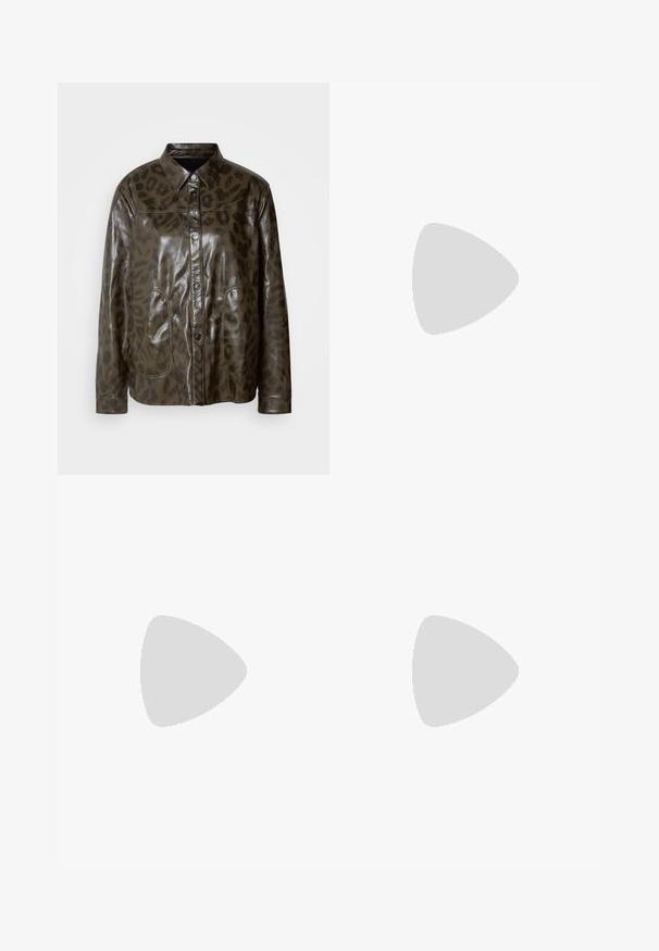 Dark green leather jacket with glossy finish, button closure, pointed collar, and brown leopard print pattern. Features two front pockets.; White cotton T-shirt featuring a printed illustration of two women in urban fashion styles with a dog on a crosswalk and city buildings.; Dark blue wide-leg jeans in denim fabric with a high waist, featuring orange stitching, five-pocket design, and a button closure.; White low-top sneaker with black heel tab, platform sole, laces, and Calvin Klein "CK" logo on the side.