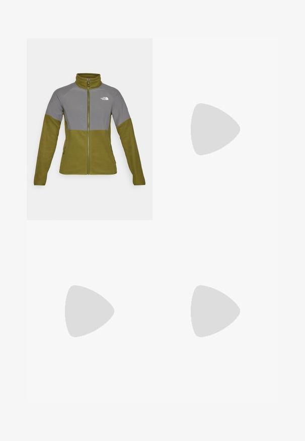 The North Face GLACIER HEAVYWEIGHT FULL ZIP JACKET - Jakna iz flisa - forest olive/smoked pearl; Črna majica z dolgimi rokavi iz bombaža z okroglo izrezom. Ima majhen bel logotip na levem prsnem delu. Enostaven dizajn in prileganje.; Črne najlon hlače z zipom, ki se lahko odstranijo, s prilagodljivimi manšetami, več žepi in logotipom na desni nogi. Gladka, lahka tekstura.; Bež in krem športni čevlji z teksturiranim mrežastim zgornjim delom, podpornimi prekrivali in gumijastim podplatom z vzorcem za oprijem.