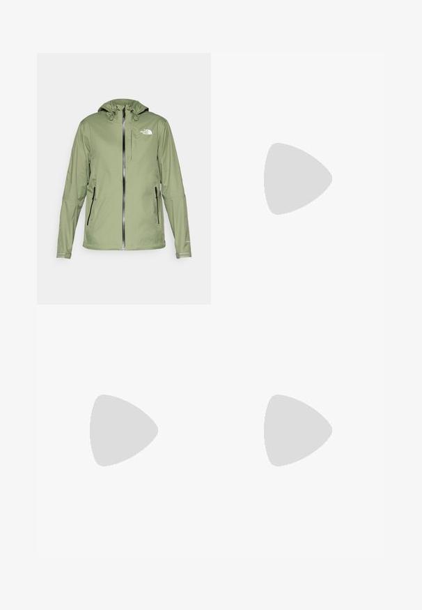 Lightweight green waterproof jacket with a hood, zip closure, and two side pockets. Features reflective accents and a logo on the chest.; Black cotton t-shirt with short sleeves, crew neck, and a small white logo on the left chest. Simple design, smooth texture, and relaxed fit.; Black athletic pants made from lightweight fabric, featuring a drawstring waistband, side pockets, and tapered cuffs at the ankles.; Black outdoor sneaker with a suede upper, textured rubber sole, and sturdy lacing system. Features a reinforced heel and brand logo on the side.
