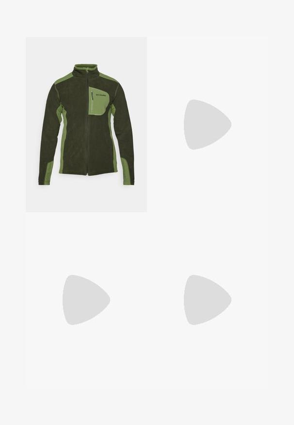 Columbia KLAMATH RANGE™ FULL ZIP - Flísová bunda - greenscape/canteen; Čierne športové tričko s krátkym rukávom z texturovanej látky, s bielym logom na ľavej hrudi a rovným lemom.; Čierne športové nohavice s elastickým pásom, vyrobené z ľahkého materiálu, s malým logom na dolnej časti nohy a rovnými nohavicami.; Čierne bežecké topánky Hoka s vrchným materiálom z mesh, textúrovanými detailmi a hrubou, polstrovanou podrážkou so zúženými okrajmi pre lepšiu podporu.