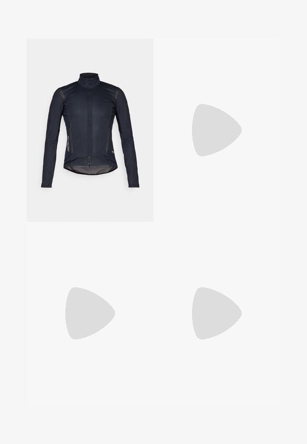 Dark blue cycling jacket with long sleeves, high collar, front zipper, and two zippered pockets; features smooth fabric and reflective accents.; Black tank top made of cotton with a round neckline and no sleeves. Features white "HUGO" logo at the center. Simple and fitted design.; Blue denim jeans with a straight-leg cut, high waist, and classic five-pocket design. Features a button and zipper closure.; Black high-heeled mules with a pointed toe, made of smooth leather. Features a wide ankle strap with a square silver buckle and studs.