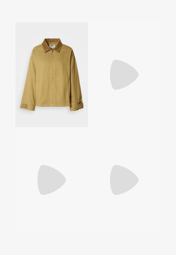 Corduroy jacket in mustard yellow with a zip closure, collared neck, two front pockets, and ribbed sleeve cuffs.; White short-sleeve T-shirt made of soft cotton. Features a round neckline and relaxed fit. Clean design with no visible patterns or accents.; Wide-leg trousers in a striped pattern, featuring a white base with dark gray stripes, made from a lightweight fabric with a smooth texture.; Pale pink slingback flats with a pointed toe, made from a smooth leather-like material. Features cut-out details at the sides and a flat heel.
