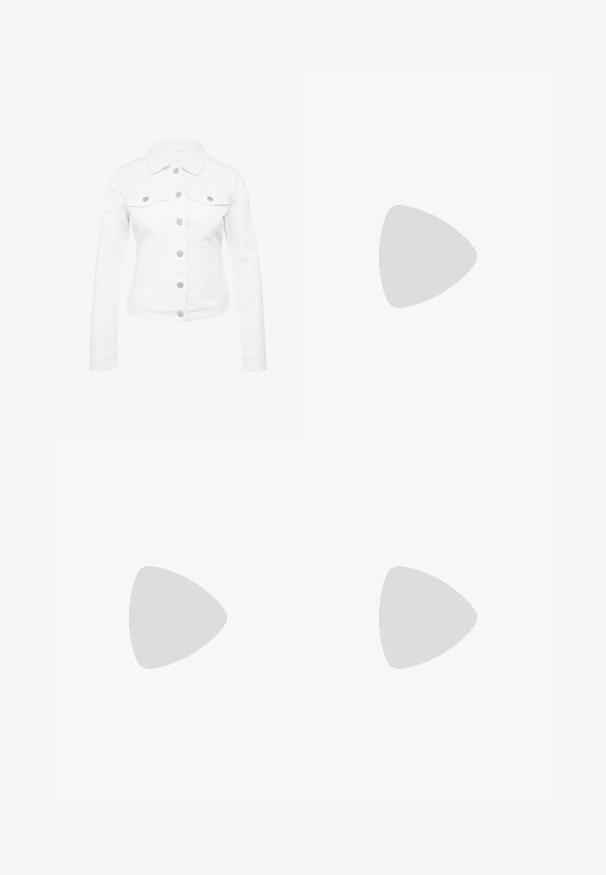 Weiße Jeansjacke mit taillierter Passform, langen Ärmeln, Kragen und zwei Brusttaschen. Mit silberfarbigen Knöpfen und strukturiertem Stoff.; Weißes Langarmhemd aus Baumwolle. Verfügt über eine Knopfleiste an der Vorderseite, einen spitzen Kragen und eine Brusttasche auf der linken Seite.; Hellblaue Jeans aus Denim mit geradem Schnitt, Fünf-Taschen-Design und sichtbaren Nähten. Mittelhoher Taillenbund mit klassischem Knopf- und Reißverschluss.; Schwarze Wildleder-Sneaker mit pinkem Drei-Streifen-Design, grauer Gummisohle und texturiertem Zungenbereich. Mit Branding an der Seite und Ferse.; Schwarze Nylon-Tote-Tasche mit braunen Lederakzenten und -griffen. Verfügt über einen Druckverschluss und eine Fronttasche mit einem Logo-Detail.