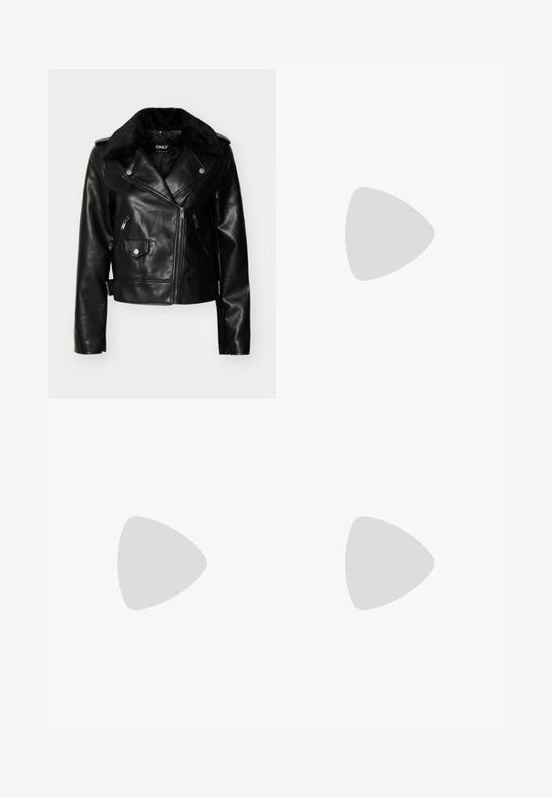 Veste de biker en cuir noir avec un col en fourrure, fermeture éclair à l'avant et poches latérales. Elle comporte des accessoires en métal argenté et une silhouette ajustée.; Pull à col roulé en maille blanche, avec une coupe courte, doté de poignets et d'un ourlet côtelés. Texture douce avec un design épais et confortable.; Jupe évasée noire en tissu doux. Dotée d'une taille ajustée et d'un ourlet ondulé, créant une apparence superposée.; Bottes de cowboy en cuir marron avec un bout pointu et un talon bloc, présentant des coutures détaillées et des accents en relief sur la tige.; Dolce Vita JOSIE - Sac à main - pecan; Boucles d'oreilles dorées avec une forme lisse et arrondie, dotées d'une surface réfléchissante et d'un fermoir à tige pour un maintien sécurisé.