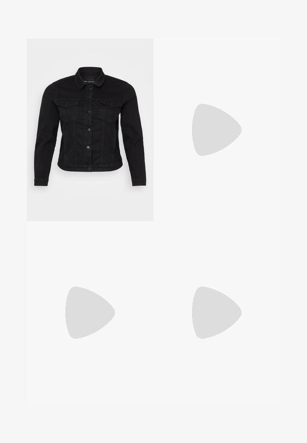 Black denim jacket featuring a classic collar, front button closure, two chest pockets, and stitch detailing.; Black T-shirt featuring a round neckline, cap sleeves, and a twisted front detail for added texture. Made from a soft, stretchy fabric.; Light beige wide-leg pants made from soft, textured fabric. Elastic waistband with a clean finish at the hem. Simple design without pockets.; Silver leather sandals with an open toe, featuring a wide front strap, ankle strap with buckle, and a medium block heel.