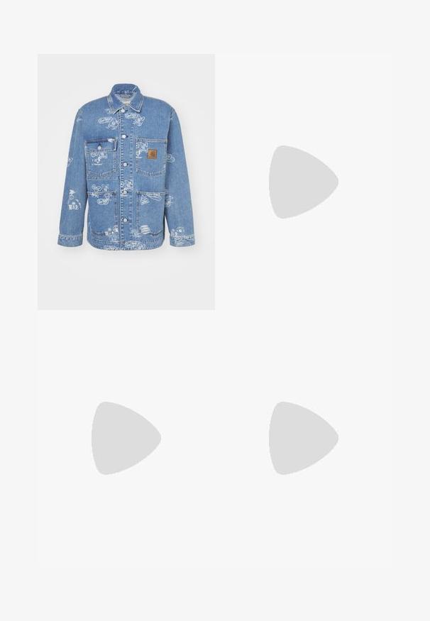 Denim jacket, light blue with graphic prints. Features contrast pocket and button closure. Loose fit with long sleeves and cuffed hems.; Nike black cotton t-shirt with a classic crew neck, short sleeves, and a subtle, embossed logo on the chest. Smooth texture.; Dark blue denim trousers with wide legs, featuring a high waist, front pockets, and contrasting white stitching along seams.; Navy blue Nike Air Max sneakers with suede and mesh upper, featuring yellow accents, lace-up front, and visible air cushioning in sole.