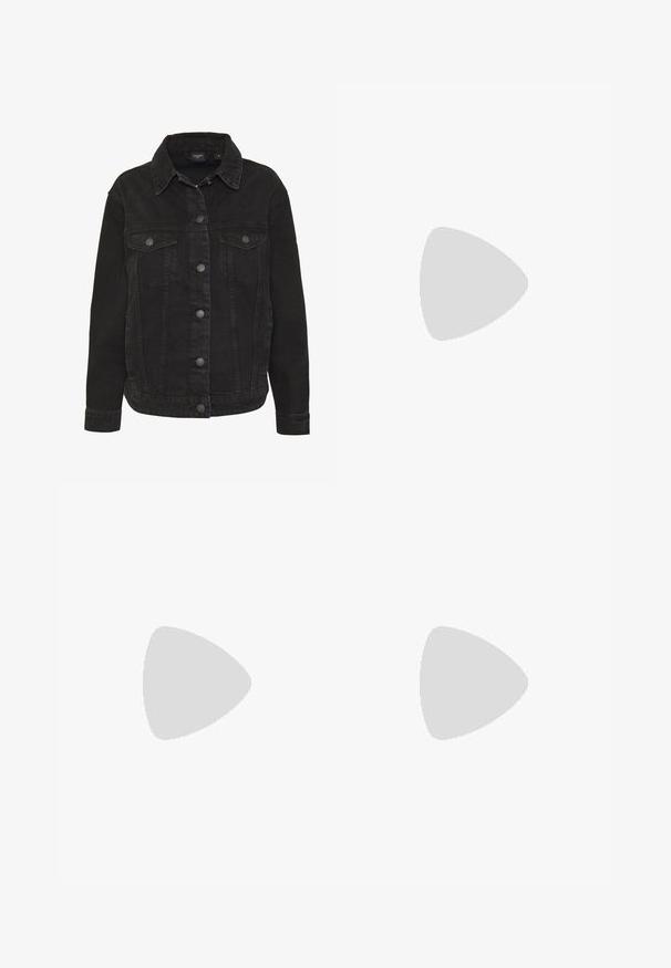 Vero Moda VMKATRINA LOOSE JACKET MIX - Casaco de ganga - black; Conjunto de três t-shirts de manga curta nas cores preto, cinza e branco. Feitas em algodão, com gola redonda e um design simples, em cores sólidas.; Calças de ganga flared pretas com cintura alta, apresentando costuras laterais e um acabamento limpo na bainha. O tecido tem uma textura suave com ligeira elasticidade.; Tênis plataforma brancos feitos de material sintético suave, apresentando ponta arredondada, design com cadarços e sola de borracha texturizada. Acento preto no calcanhar.