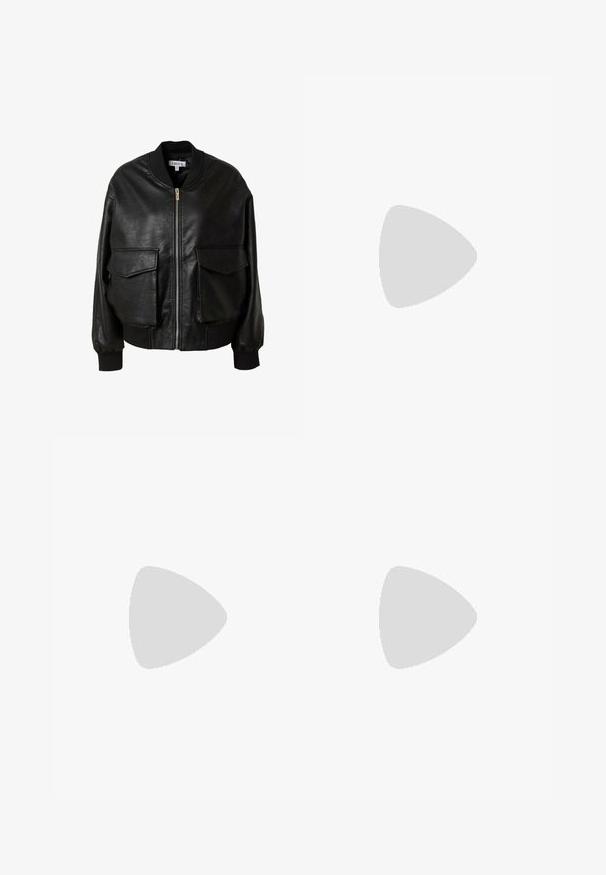 Veste bomber en cuir noir avec une fermeture éclair à l'avant, un col côtelé et deux grandes poches avant avec rabats. Texture douce, coupe décontractée.; Débardeur blanc à côtes avec un logo noir brodé centré sur la poitrine. L'encolure et les emmanchures sont finies avec un biais subtil.; Jupe grise avec une texture lisse, dotée d'une taille plate, de deux poches avant et d'une coupe droite.; Bottes en cuir noir montant jusqu'au genou avec un bout pointu et un petit talon. Texture lisse et design minimaliste sans matériel ou accents visibles.; Lunettes de soleil noires surdimensionnées avec des verres ovoïdes, monture en plastique lisse et accents dorés sur les tempes. Les verres sombres offrent une protection contre le soleil.