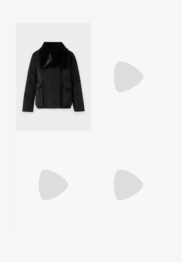 Black padded jacket with a wide satin collar, featuring two front pockets and a smooth texture. Minimalist design, buttonless closure.; Black cotton t-shirt with a round neckline and short sleeves. Features a patch pocket on the left chest and a relaxed fit.; Black wide-leg trousers with a smooth fabric, featuring a high waist, tailored seams, and a minimalist design. No visible hardware or pockets.; Black leather ankle boot with a pointed toe and a low block heel, featuring a smooth texture and minimalistic design.