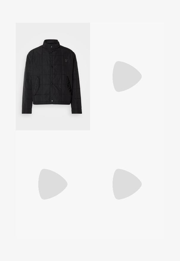 Black quilted jacket with a stand collar, featuring snap buttons and side pockets, made of shiny, lightweight material.; Black turtleneck sweater made of soft material, featuring long sleeves and a snug fit. Ribbed trim at the hem and cuffs. Simple design.; Black trousers with a pleated design, wide leg shape, and a smooth texture. Features a red waistband tag.; Black leather lace-up shoe with a rounded toe, smooth texture, minimal stitching, and a low rubber heel. Logo on the heel.